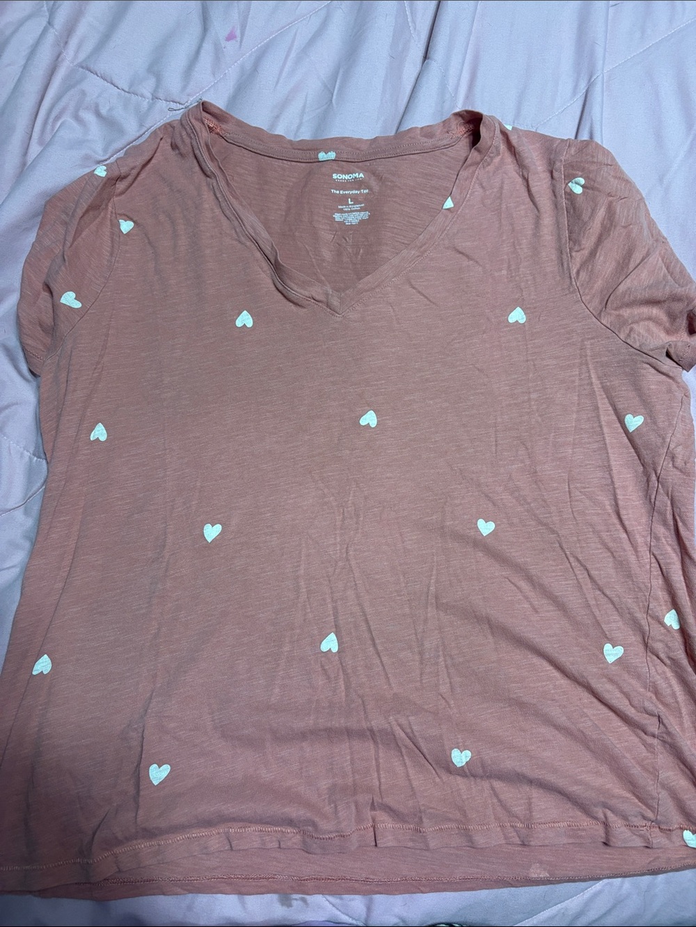 Sonoma Dusty Rose V-Neck Tee with White Heart Print